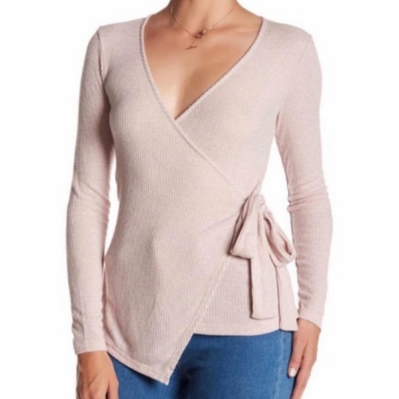 Balletcore Wrap Side Tie Long Sleeve Top | Bobeau Dusty Rose Pink Ribbed Sweater - Picture 16 of 16